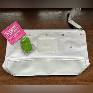 VS Pink limited edition green dog tag pendant and white cosmetic bag